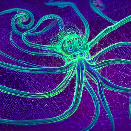 Image similar to highly detailed generative art, symmetrical neon octopus, string art by janusz jurek, background outer space nebulas by Pilar Gogar 4k HDR