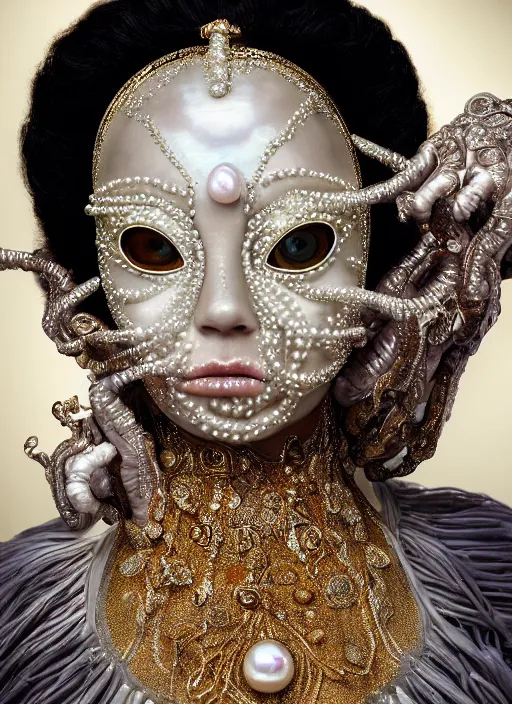 Image similar to hyperrealism, detailed textures, award winning autochrome photo, symetrical alien pearl medusa queen autochrome pearl portrait, pearl silverplate, intricate, detailed facial pearl animal mask, pearl, golden jewelery, silverplate, ultra realistic, cinematic, intricate, cinematic light by steve mccurry, unreal engine 8 k