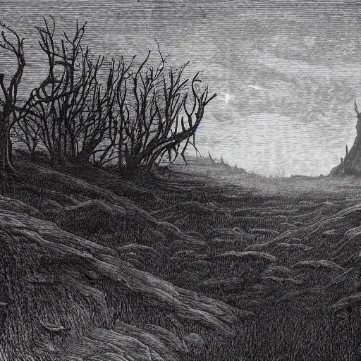 Prompt: a landscape from a horror book, terrifying creature visible