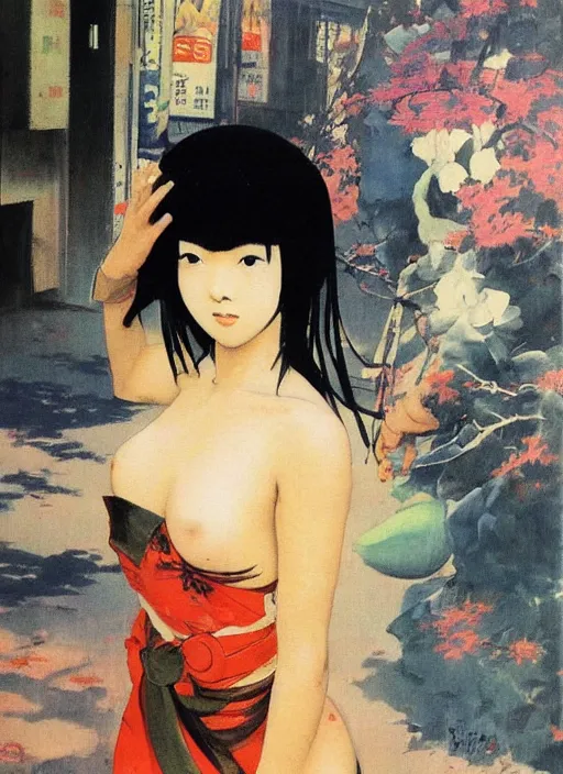 Image similar to painting of a young japanese woman standing in harajuku street art by frank frazetta