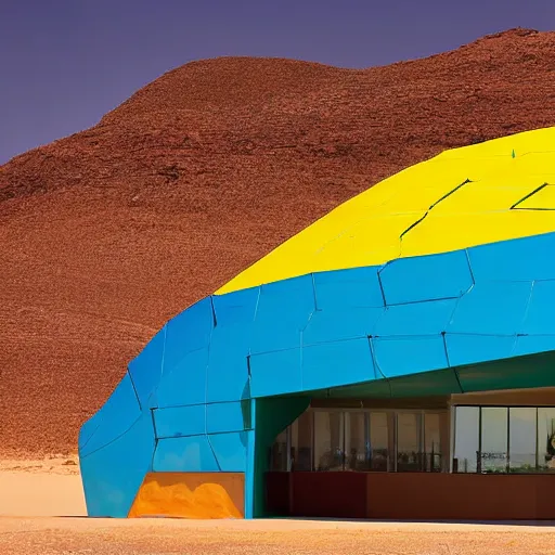 Prompt: architectural photograph by iwan baan of a cheerful recreational building in the shape of a monitor lizard in the middle of the desert, colorful desert architecture designed by future systems