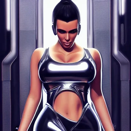 Prompt: transhuman cyberpunk kim kardashian wearing silver chrome leather crop top, cyberpunk 2 0 7 7, intricate, elegant, highly detailed, digital painting, artstation, concept art, smooth, sharp focus, illustration, art by artgerm and greg rutkowski and alphonse mucha