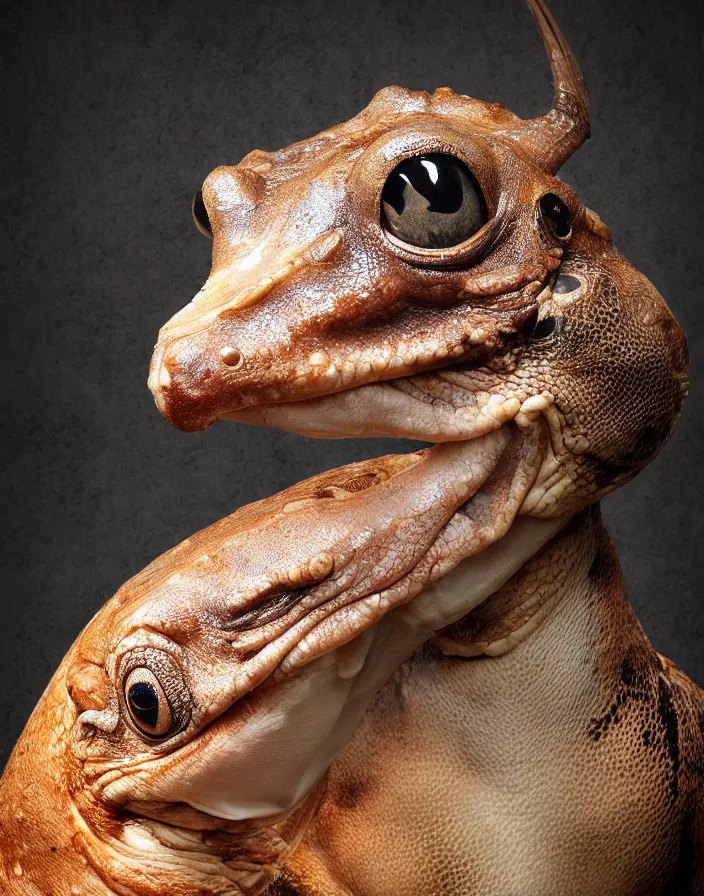 Prompt: high resolution photo portrait of muscular animal human merged head dolphin snake goat skin ears, background removed, scales skin frog dog rat, alligator cat merged bird head cow, chicken face morphed fish head, gills, horse head animal merge, morphing dog head, animal eyes, merging crocodile head, anthropomorphic creature