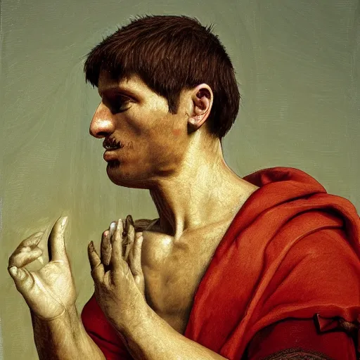 Image similar to Jerma985 in Ancient Rome, detailed, highly detailed, heroic, epic, complex, very detailed, realistic, HD quality, 8k resolution, body and headshot, Oil Painting, Italian Renaissance Painting of Jerma985, Italian Renaissance Painting Style, Renaissance Painting Style, Painting, Trending on Artstation