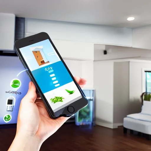 Prompt: inside of a smart home with human holding an iphone realistic detailed photo