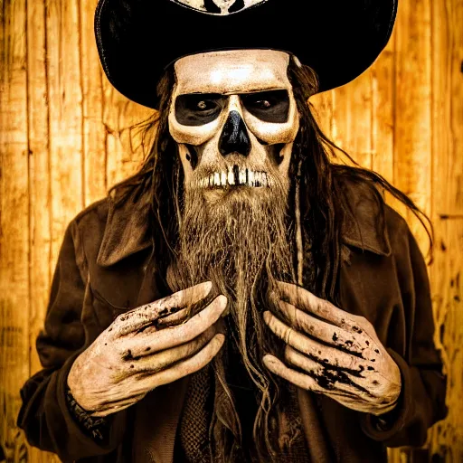 Image similar to masterpiece portrait photo a dirty skull masked hunched old slim pirate lord with a black hat, long beard, long hair, black coat, ragged and torn, wooden inn by torchlight, dslr, cinematic, photography, sigma lens 7 0 mm