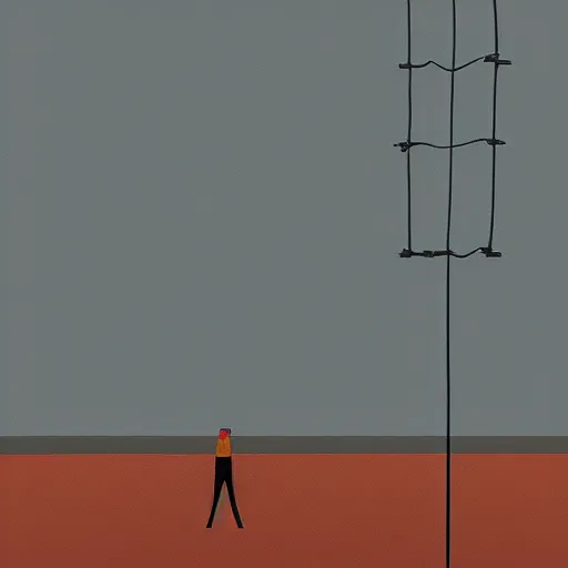 Prompt: a painting of a man standing in front of a high wire fence by emiliano ponzi, james gilleard, dystopian art