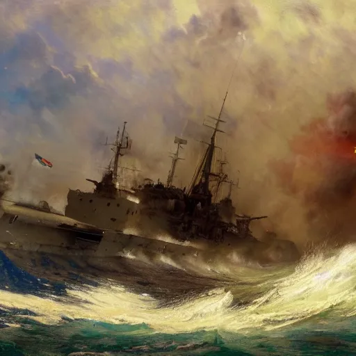 Image similar to detailed cinematic wide shot of swedish world war 2 battle ship attacking coastal city, ultra realistic, spring light, painting by gaston bussiere, craig mullins, j. c. leyendecker