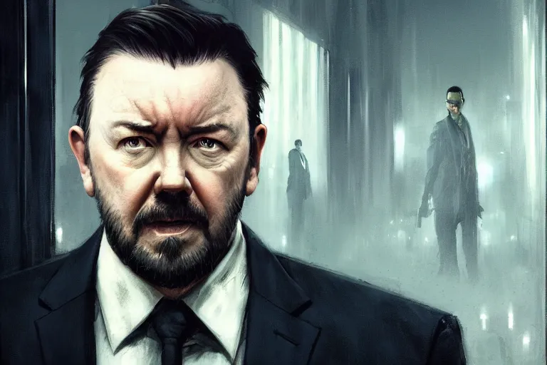 Image similar to closeup portrait of a ricky gervais as a hitman, the matrix, dramatic light, gorgeous view, depth, high detail, digital art, painted by greg rutkowski and seb mckinnon, by tim burton, trending on artstation