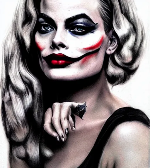 Prompt: tattoo design sketch of beautiful margot robbie portrait with joker makeup, in the style of den yakovlev, realistic face, faded, black and white, realism tattoo, hyper realistic, highly detailed, faded drawing