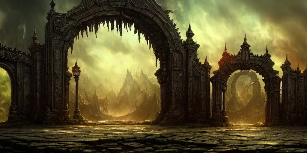 Image similar to the gate, huge gate, environment, illustration, colors, epic scene, high quality, intricate details, details, intricate, atmosphere, highly detailed, matte painting, cinematic, deviantart, realistic, concept art, 4 k