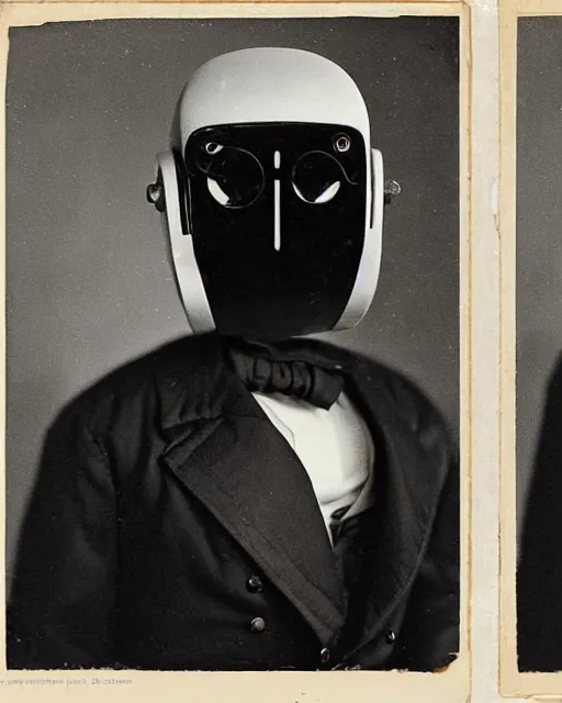 Prompt: retro photo portraits of a anthropomorphic-robot cyber-face techno mask in black tie suit by Louis Daguerre