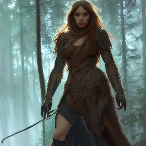 Prompt: photo of a humanoid female she - wolf were a heroic dress an armour in the forest, long hair, highly detailed, digital painting, artstation, smooth, sharp focus, illustration, art by artgerm and greg rutkowski and alphonse mucha