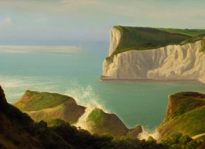 Prompt: cliffs of dover, uk in the style of hudson river school of art, oil on canvas