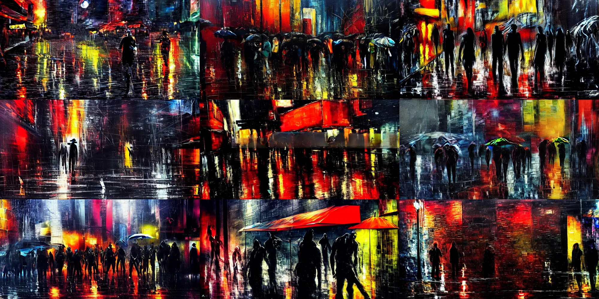 Prompt: fish on the street, catching breath. new york after midnight, rain. epic futuristic scene. strong personalities and characters on the streets. tired, beaten city. neo noir style, rain, oil, blood everywhere, dramatic high contrast lighting. high action! acrylic painting, layered impasto, heavy gesture style. closeup. sad scene.