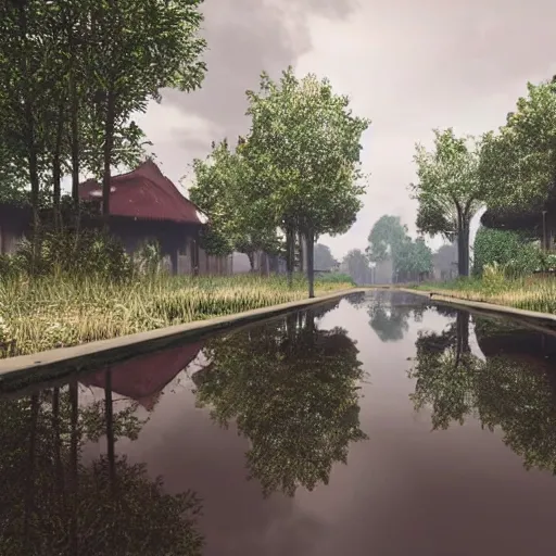 Image similar to still photo of rain puddles and reflections in an indian village, cloudy weather, highly detailed, photorealistic shot, bright studio setting, studio lighting, crisp quality and light reflections, unreal engine 5 quality render