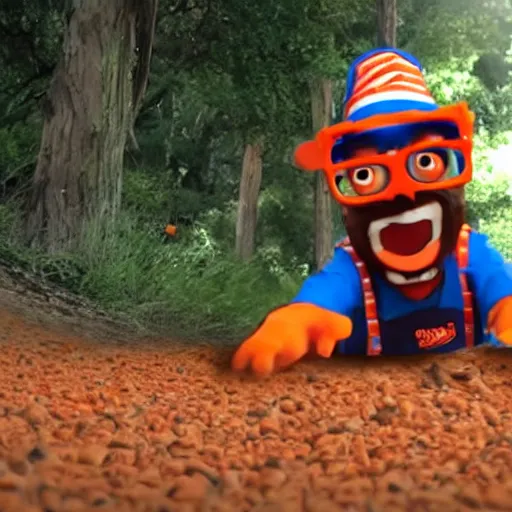 Image similar to blippi crawling through fecal matter, onlookers watching in horror, 8 k