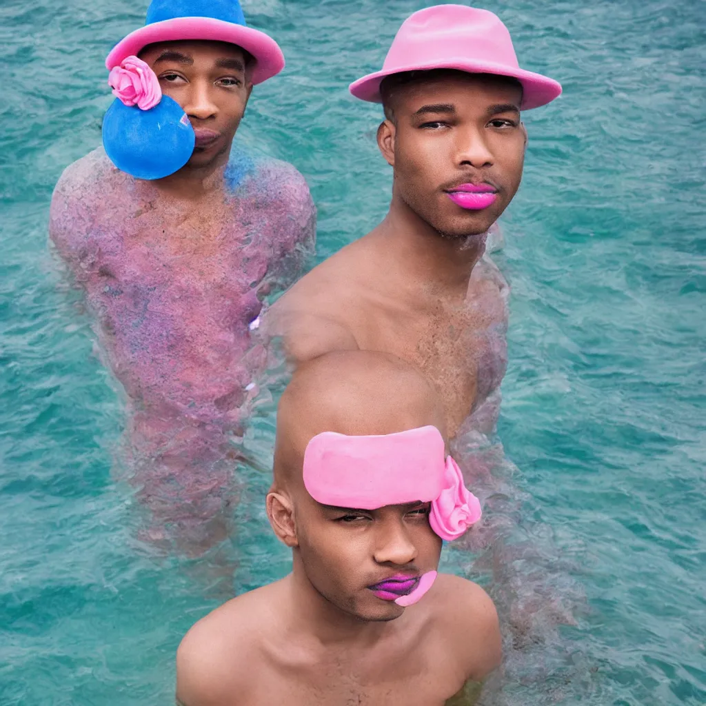 Image similar to Magazine style cover photo of a pastel colored men with blue lips, wearing a pink 3d rendered hat on top of his head. Standing in knee-deep water. Telephoto lens, f2/8