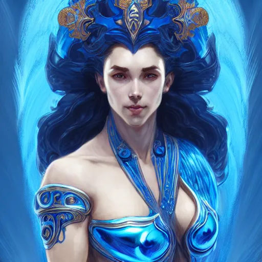 Image similar to a goddess of water wearing blue armor, with arms and hair turning into water, fantasy, intricate, elegant, highly detailed, digital painting, artstation, concept art, wallpaper, smooth, sharp focus, illustration, art by artgerm and greg rutkowski and alphonse mucha