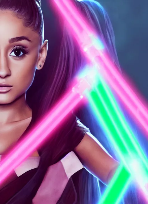 Image similar to An extremely detailed photo of Ariana Grande in the Star Wars universe holding the handles of two pink lightsabers held in each hand. Maximum detail on artstation, photo realism, vivd details, vivd colour, volumetric lighting