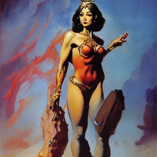 Prompt: princess of mars but with gal godot, photorealistic painting by frank frazetta and boris vallejo