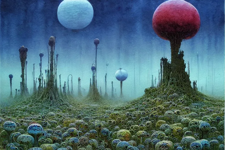 Prompt: a surreal and awe - inspiring science fiction landscape, alien plants and animals, intricate, elegant, uplifting, happy, inspirational, highly detailed watercolor painting by beksinski and simon stalenhag