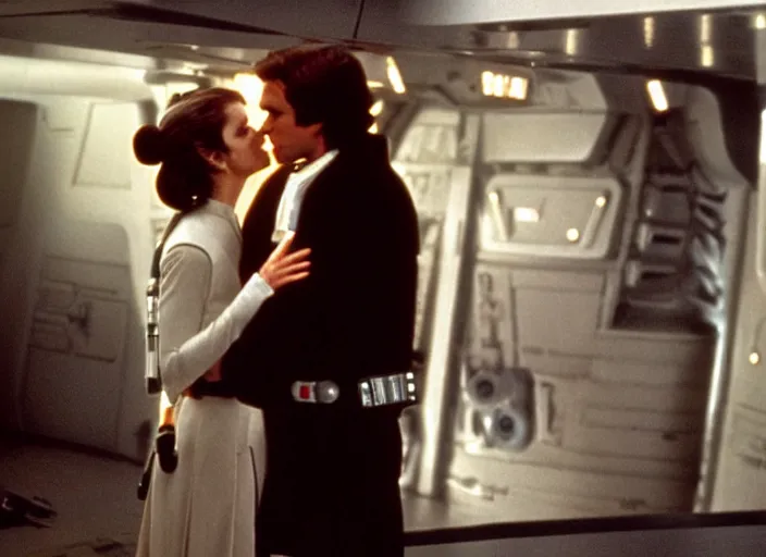 Prompt: screenshot of Han Solo dressed up as an imperial officer kissing Princess Leia Organa, iconic scene from 1970s thriller film directed by Stanley Kubrick, in a sci-fi shipping port, last jedi, 4k HD, cinematic lighting, beautiful portraits of Harrison Ford and Carrie Fischer, moody, stunning cinematography, anamorphic lenses, kodak color film stock