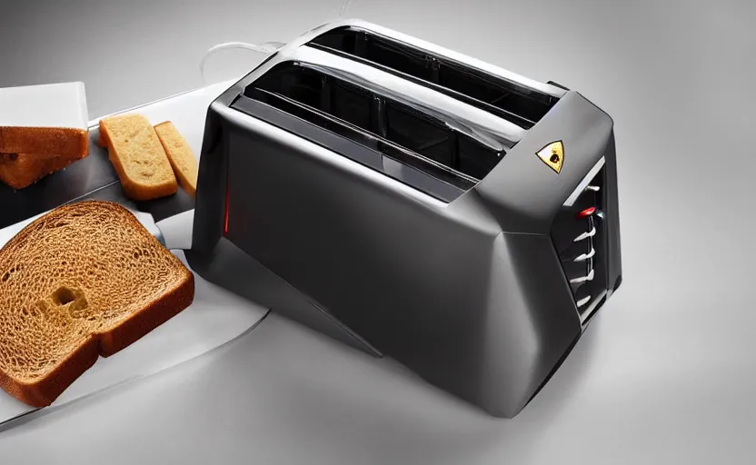 Prompt: a lamborghini brand toaster with sliced bread in slots, bold aggressive futuristic angular design style, professional product shot