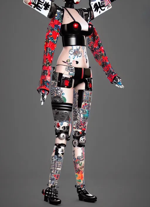 Image similar to full body photo of a punk geisha robot with kanji tattoos and decals wearing a digital pixelated kimono, intricate design, photo - realistic, octane render, ultra fine detailed, character design, trending on artstation