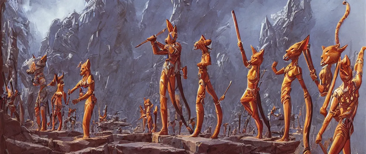 Prompt: A beautiful illustration of anthropomorphic Feline warriors statues by Robert McCall and Ralph McQuarrie | sparth:.1 | Graphic Novel, Visual Novel, Colored Pencil, Comic Book:.2 | unreal engine:.5 | establishing shot