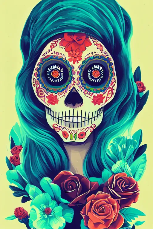 Prompt: Illustration of a sugar skull day of the dead girl, art by anton fadeev