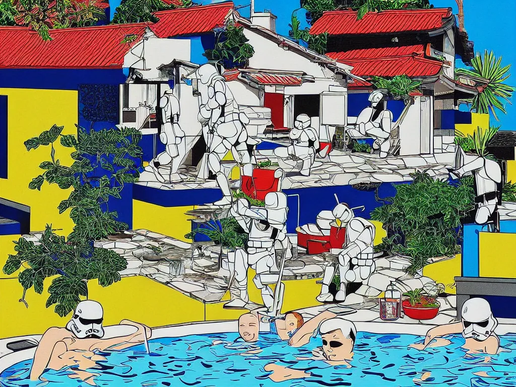 Image similar to hyperrealism composition of the japanese house with a hot springs in the garden, two detailed stormtroopers bathe in a hot spring, pop - art style, jacky tsai style, andy warhol style, roy lichtenstein style, round canvas, acrylic on canvas