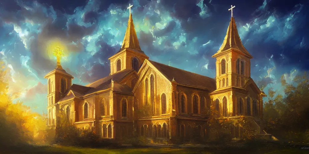 Prompt: a resplendent church in heaven, bright, oil painting of nature, beautiful concept art, trending on artstation