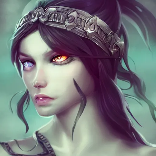 Image similar to whimsical beautiful angry girl, portrait, ice magic, dark hair and makeup, waist high, fantasy clothing, cgsociety, trending on artstation, dnd