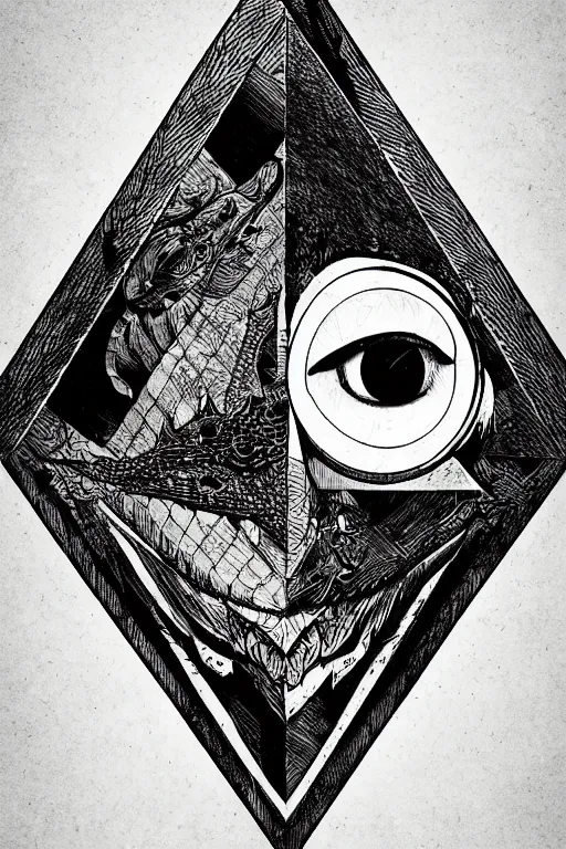 Prompt: portrait of triangle and dragon shaped head with single centered giant diamond eye, in the style of Greg Broadmore and Arthur Rackham,trending on artstation, light lighting side view,digital art,surrealism ,macro,blueprint ,vaporwave ,