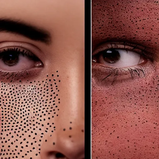 Image similar to Three digital artworks depicting different angles or views of the same person's face - one close-up showing intricate details like pores and freckles; another from further away revealing emotion through expressions; lastly, a headshot staring directly into the camera composed only in shades ranging from white to black. Canon AE-1, Portra800, 35mm.