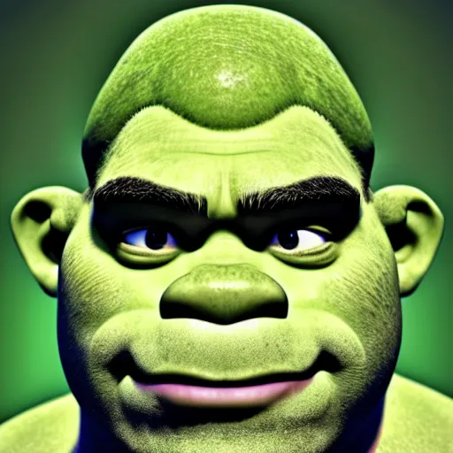 Image similar to portrait photograph of a beautiful handsome perfect shrek with majestic thick curly brown hair and an extremely chiseled jawline with sharp jagged cheekbones and a strong symmetrical facial structure with decently big lips realistic hyperrealistic 4 k resolution 8 k resolution highly detailed very detailed extremely detailed hd quality detailed face very detailed face extremely detailed face trending on artstation