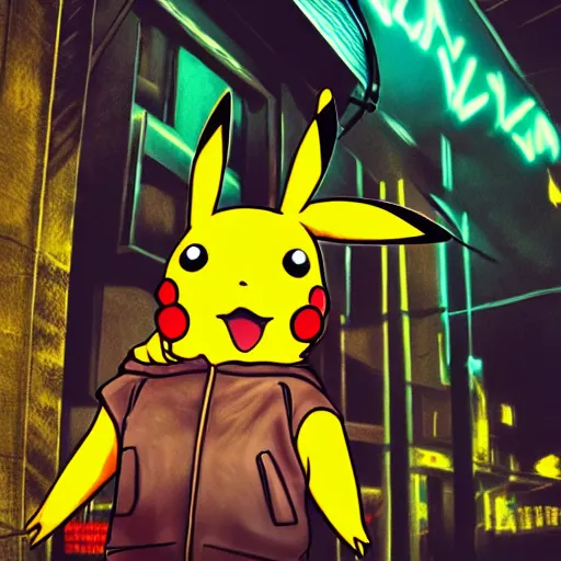 Prompt: Pikachu wearing a leather jacket and wearing cool sunglasses, smoking a cigar in a moonlit cyberpunk city alleyway, neon lights