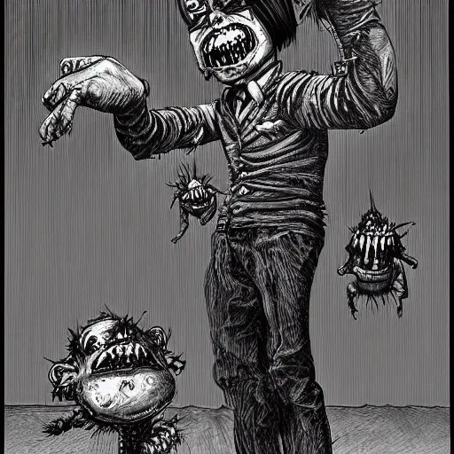 Prompt: evil puppeteer, campy horror illustration, highly detailed and disturbing