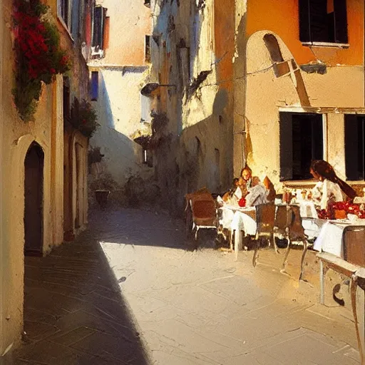 Image similar to italian restaurant in venice, sunny, shadows, craig mullins