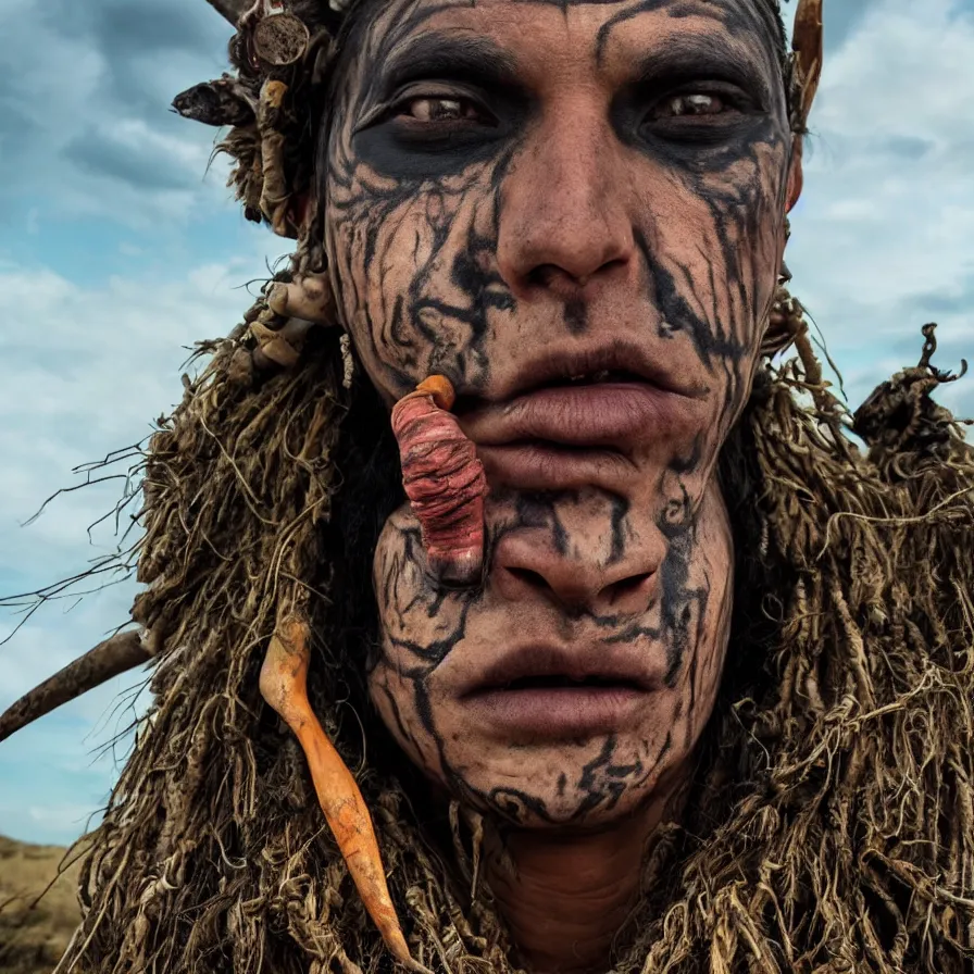 Image similar to extremely detailed award winning national geographic face portrait photography uncut centered and realistic from ancient mayan elder shaman warrior with terrifying face tattoos and heavy bone piercings . 64megapixel. 4k 8k. Photorealistic artwork. Influenced by the movie apocalypto. Landscape background what is slightly blurry and windy.