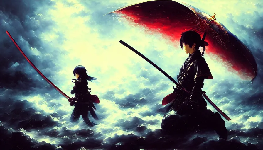 Image similar to baroque oil painting of key visual samurai war, rain, storm, fake detail, trending pixiv fanbox, acrylic palette knife, style of makoto shinkai takashi takeuchi yoshiyuki sadamoto greg rutkowski chiho aoshima