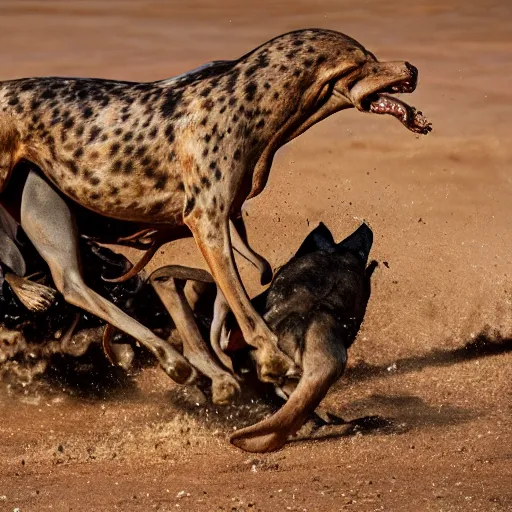 Image similar to National Geographic photo of horse full of octopus being eaten by African hunting dogs