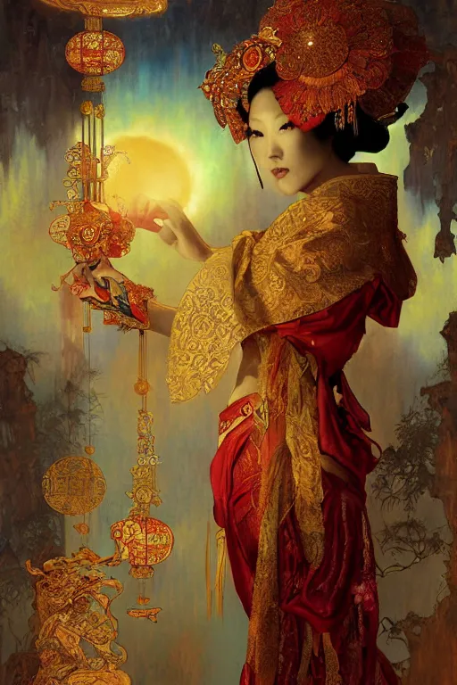 Prompt: tarot card artstation, portrait of a geisha love dancer, sunrise, baroque ornament and rococo ornament, ancient chinese ornate, hyperdetailed, beautiful lighting, craig mullins, mucha, klimt, yoshitaka amano, red and gold and orange color palette