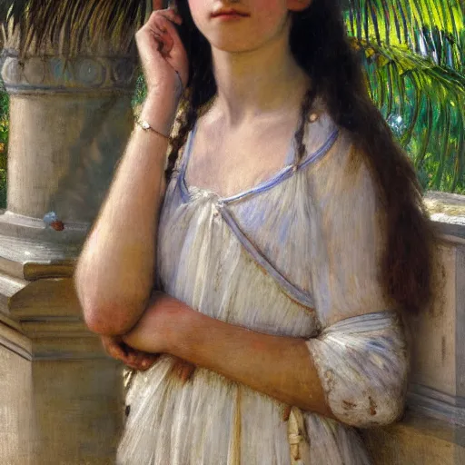 Image similar to a ultradetailed beautiful painting of a girl in the amazonas palace balustrade designed by jules bastien - lepage, hans belmer, frank weston and gustave baumann, beach, trending on artstation, mediterranean, palm trees, detailed face, sharp focus, soft light, 8 k 4 k