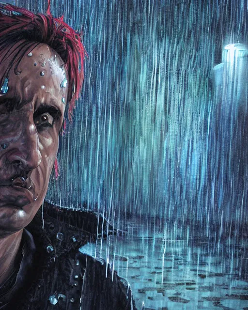 Image similar to An epic fantasy comic book style portrait painting of a very imposing Industrial goth Trent Reznor in the rain, wet hair, neon reflections, character design by Mark Ryden and Pixar and Hayao Miyazaki, still from Akira (1988), unreal 5, DAZ, hyperrealistic, octane render, cosplay, RPG portrait, dynamic lighting, intricate detail, cinematic