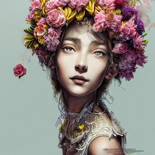 Image similar to the portrait of an absurdly beautiful, graceful, elegant, chaste, young woman made of petals and bananas looking up, an ultrafine detailed illustration by kim jung gi, irakli nadar, intricate linework, bright colors, octopath traveler, final fantasy, angular, unreal engine 5 highly rendered, global illumination, radiant light, detailed and intricate environment