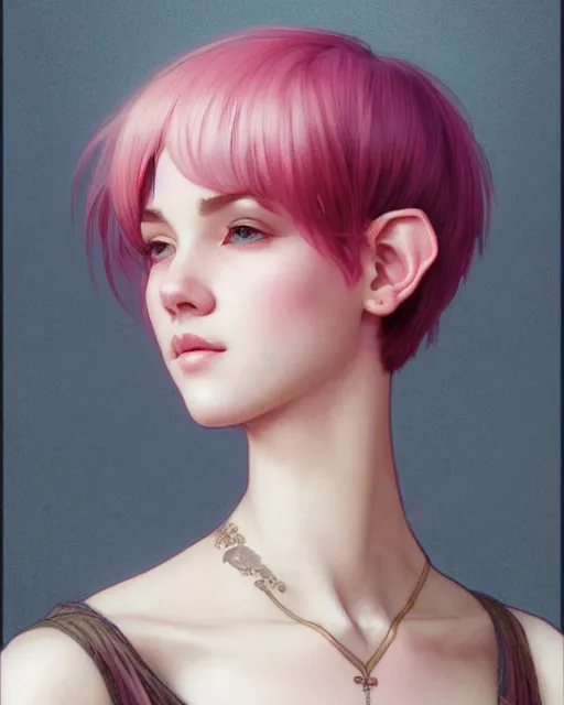 Prompt: portrait of pink short haired half elf with bangs, intricate, elegant, highly detailed, my rendition, digital painting, artstation, concept art, smooth, sharp focus, illustration, art by artgerm and greg rutkowski and alphonse mucha and uang guangjian and gil elvgren and sachin teng and wlop, symmetry!!