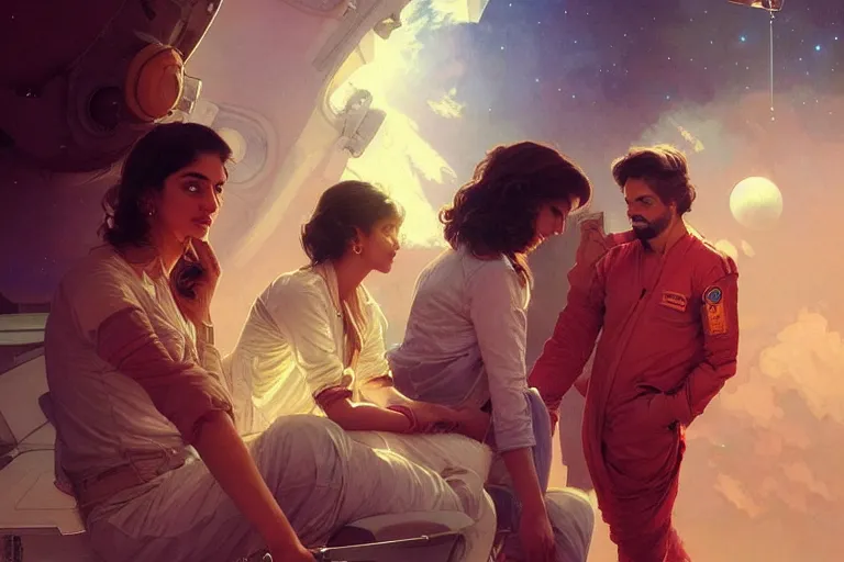 Image similar to Sensual good looking pale young Indian doctors wearing jeans in a space station above Earth, portrait, elegant, intricate, digital painting, artstation, concept art, smooth, sharp focus, illustration, art by artgerm and greg rutkowski and alphonse mucha