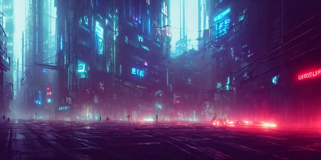 Image similar to wide angle view of a dystopian underground cyberpunk city, highly detailed, digital matte painting, concept art, amazing depth, misty, dramatic lighting, illuminated lines, outrun, vaporware, octane render, artstation, 8 k, by federico pelat and liam wong and florian pasquier